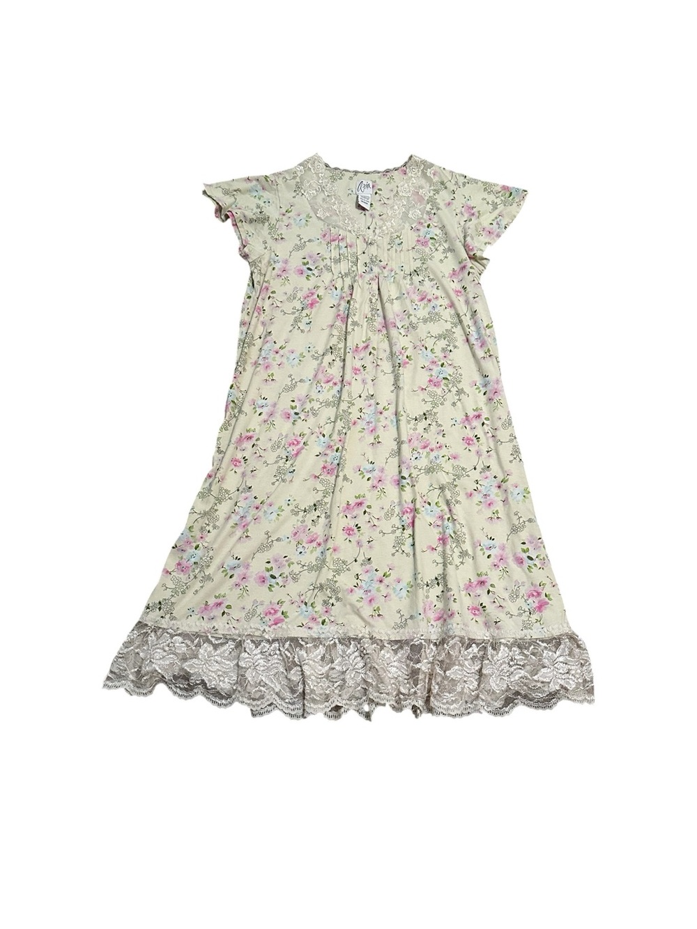 Vintage Aria Nightgown Dress Yellow Pink Floral Lace Trim Cottagecore Feminine